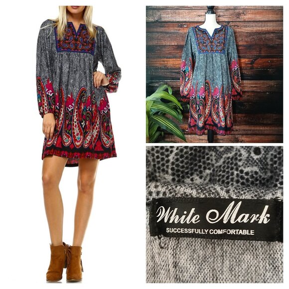 White Mark Dress Size Large Appoline Boho Soft Knit Embroidered Long Puff Sleeve - Picture 1 of 7